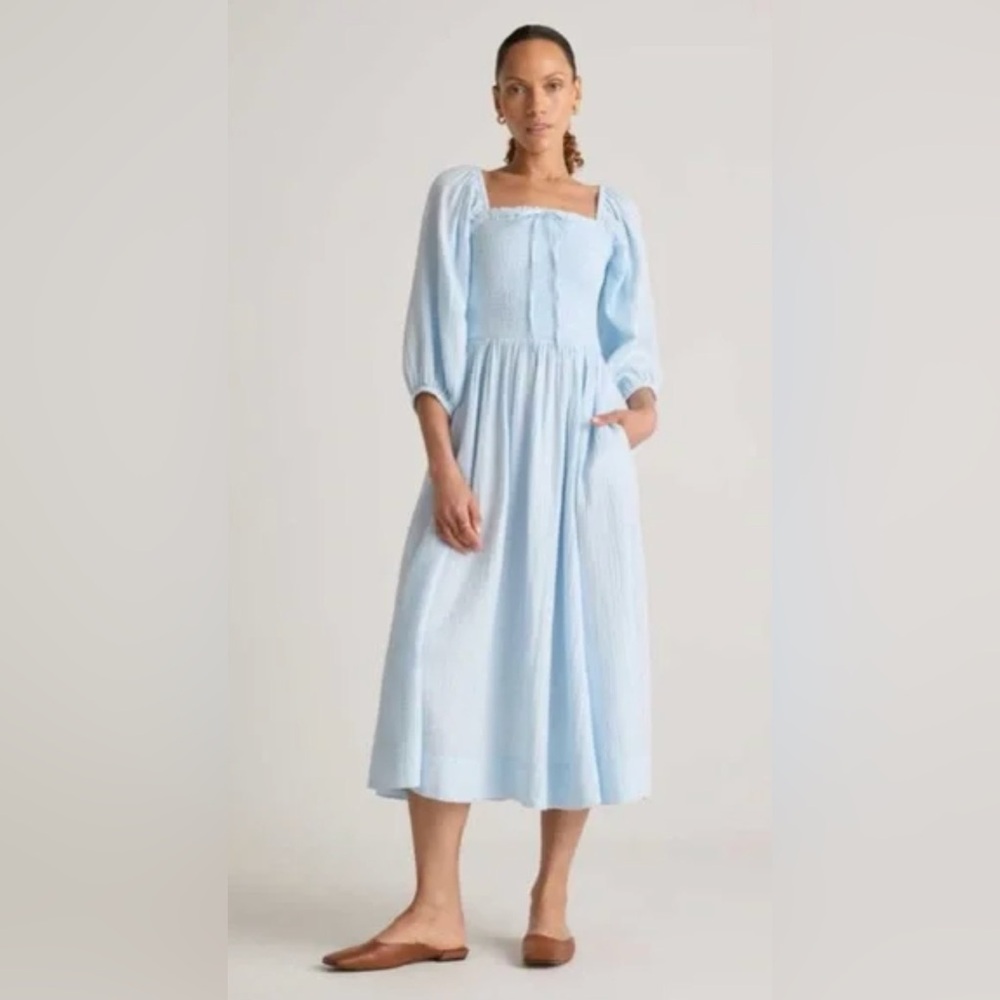 Like New Quince Cotton Gauze Smocked Square Neck Midi Dress Nantucket Size Small